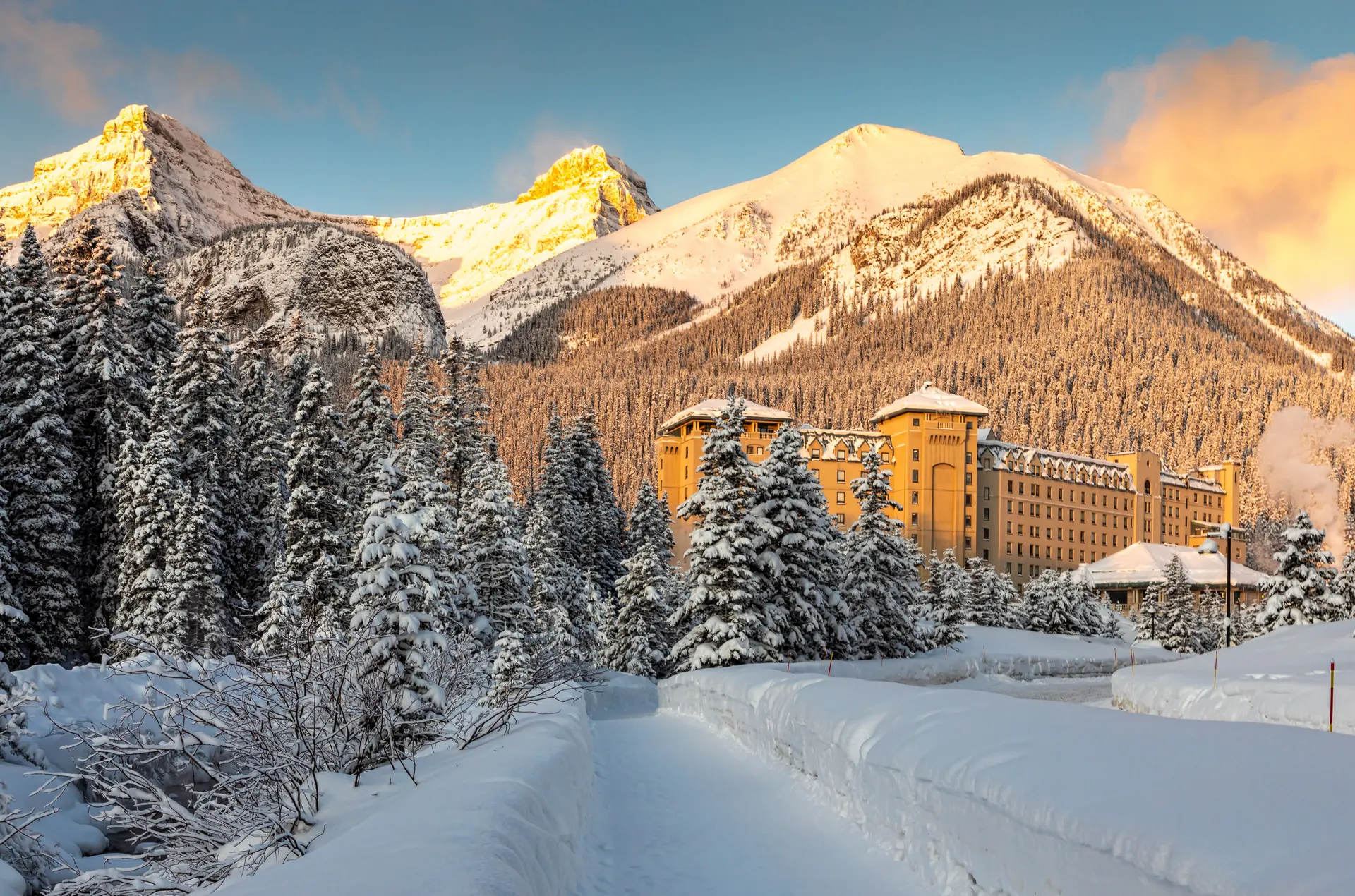 Snowy mountains at sunrise