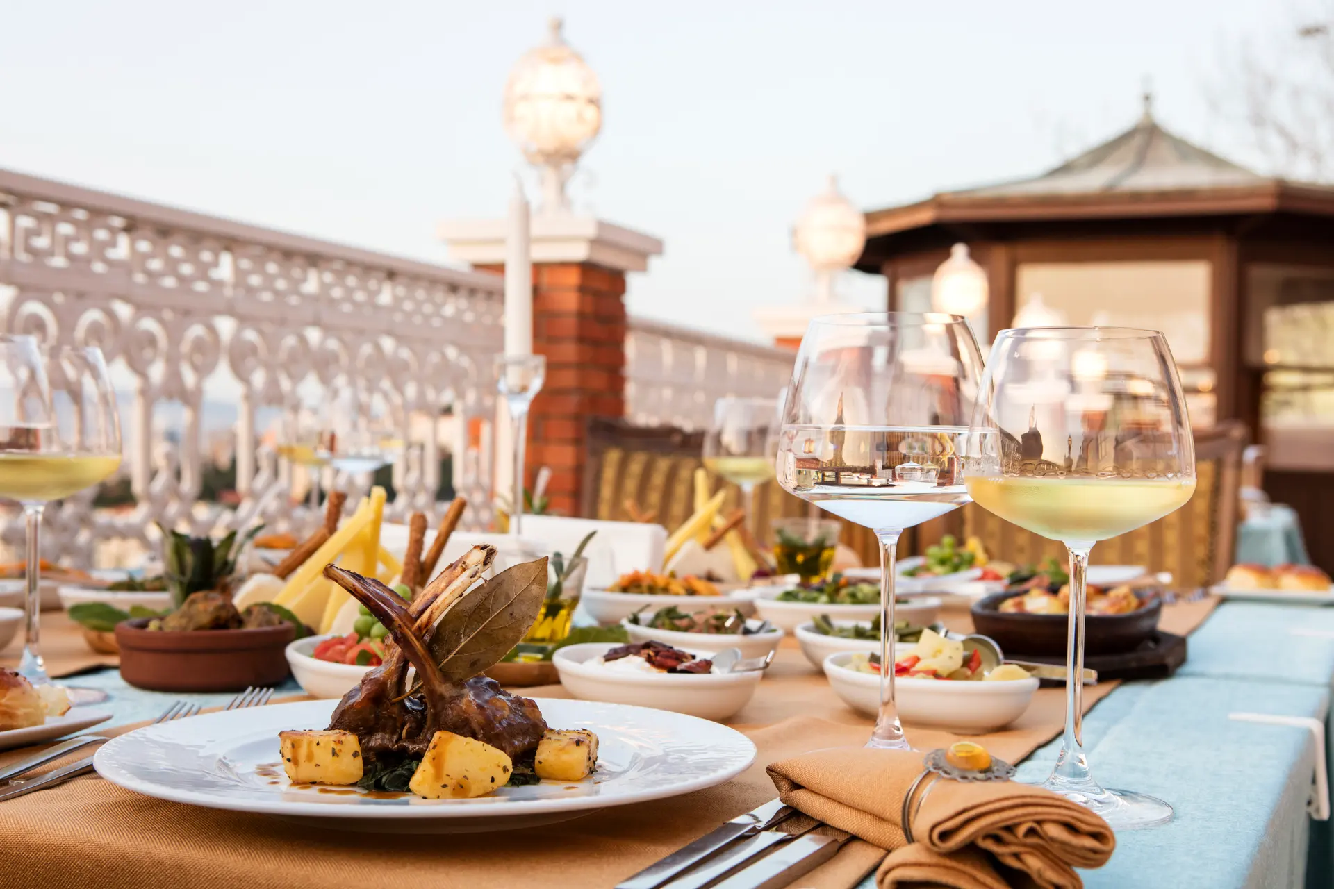 Rooftop fine dining with wine