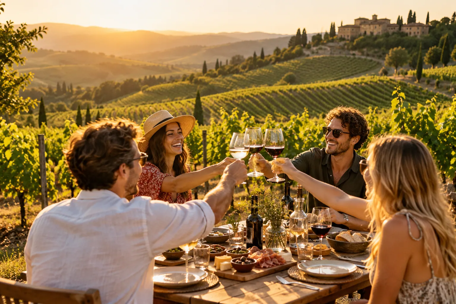 Friends raising a toast at a long table in the vineyards